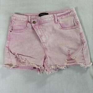Risen Women's L Pink Denim Shorts Distressed Raw Hem High Rise Stretch Summer
